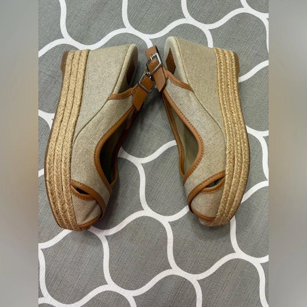 Tory Burch Majorca Peep Toe Espadrille Wedge Leather Shimmer Sling Back Sandals
